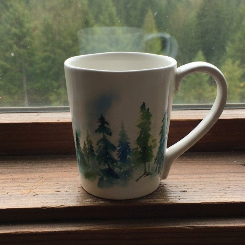 World Market Green Painted Evergreens Pine Coffee Mug 14 Oz